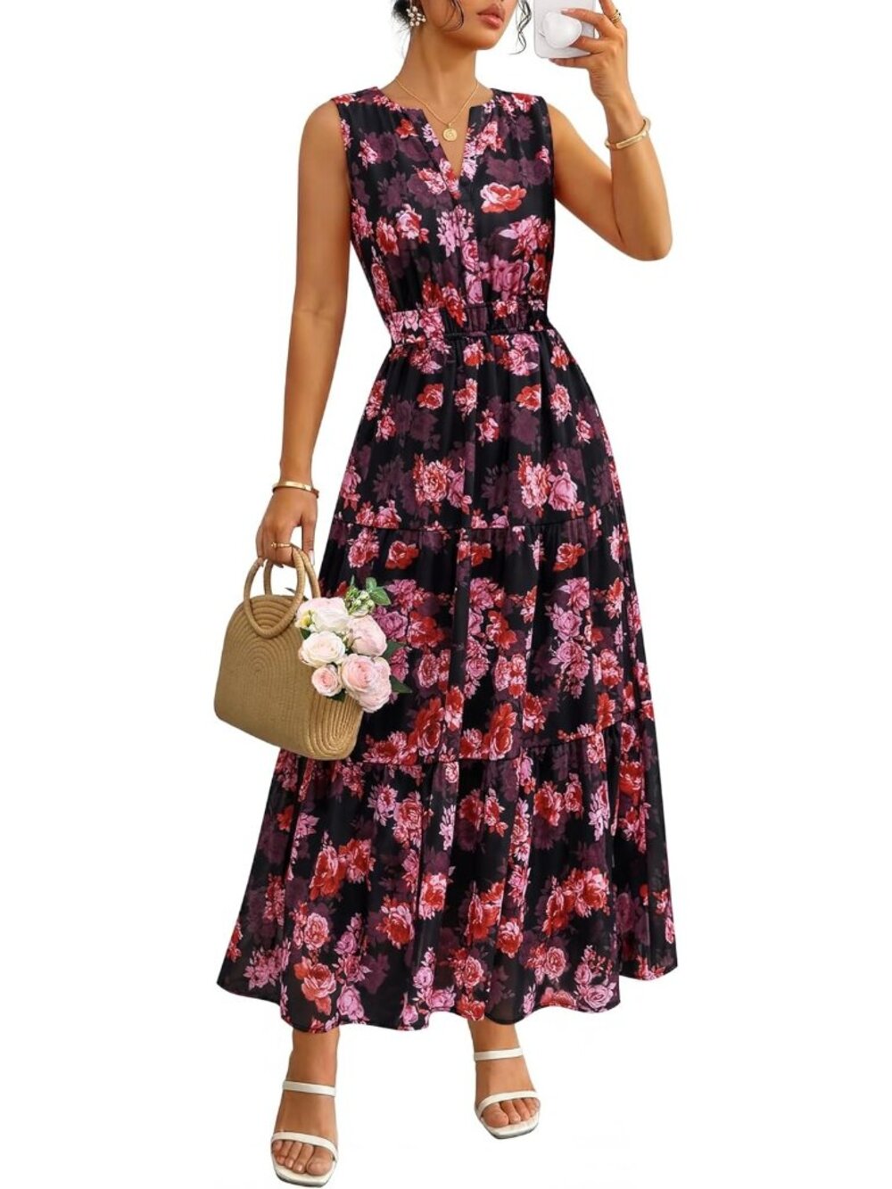 Women's Black Sleeveless V Neck Elastic High Waist Imported Casual MIDI Dress